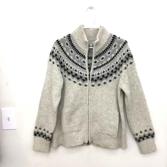 L.L. BEAN 100% Lambswool Fair Isle Zip Up Sweater Cream Women’s Sz L - Picture 1 of 8